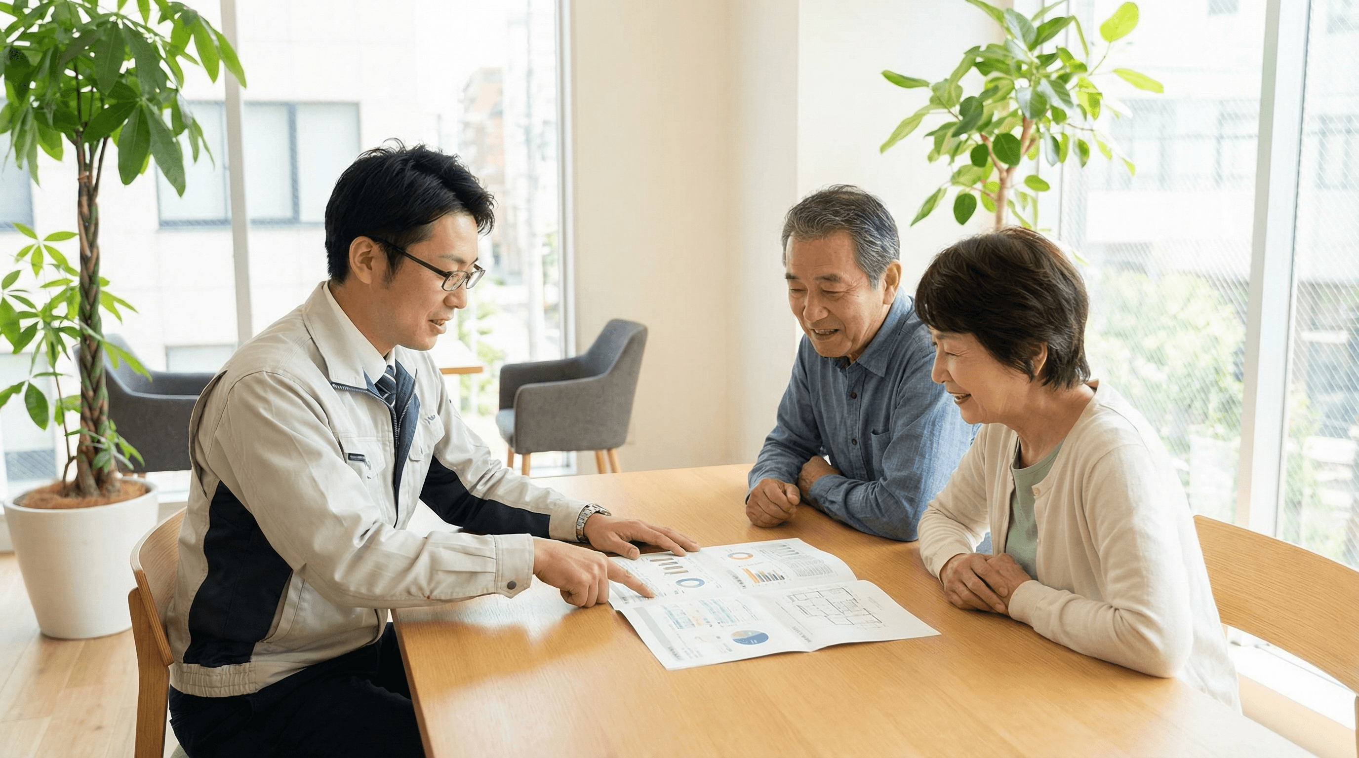 見積書を指し示しながら説明するスタッフ